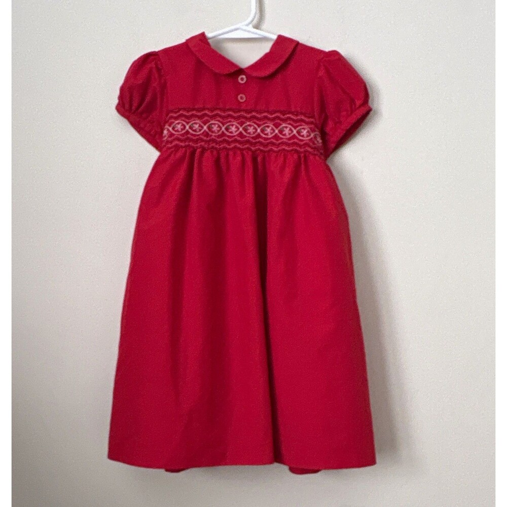 OshKosh B'gosh Girls Red Smocked Collared Puff Sleeve Lined Holiday Dress Size 4